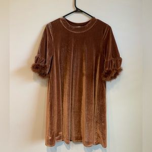 Copper Dress with feather trimmed sleeves